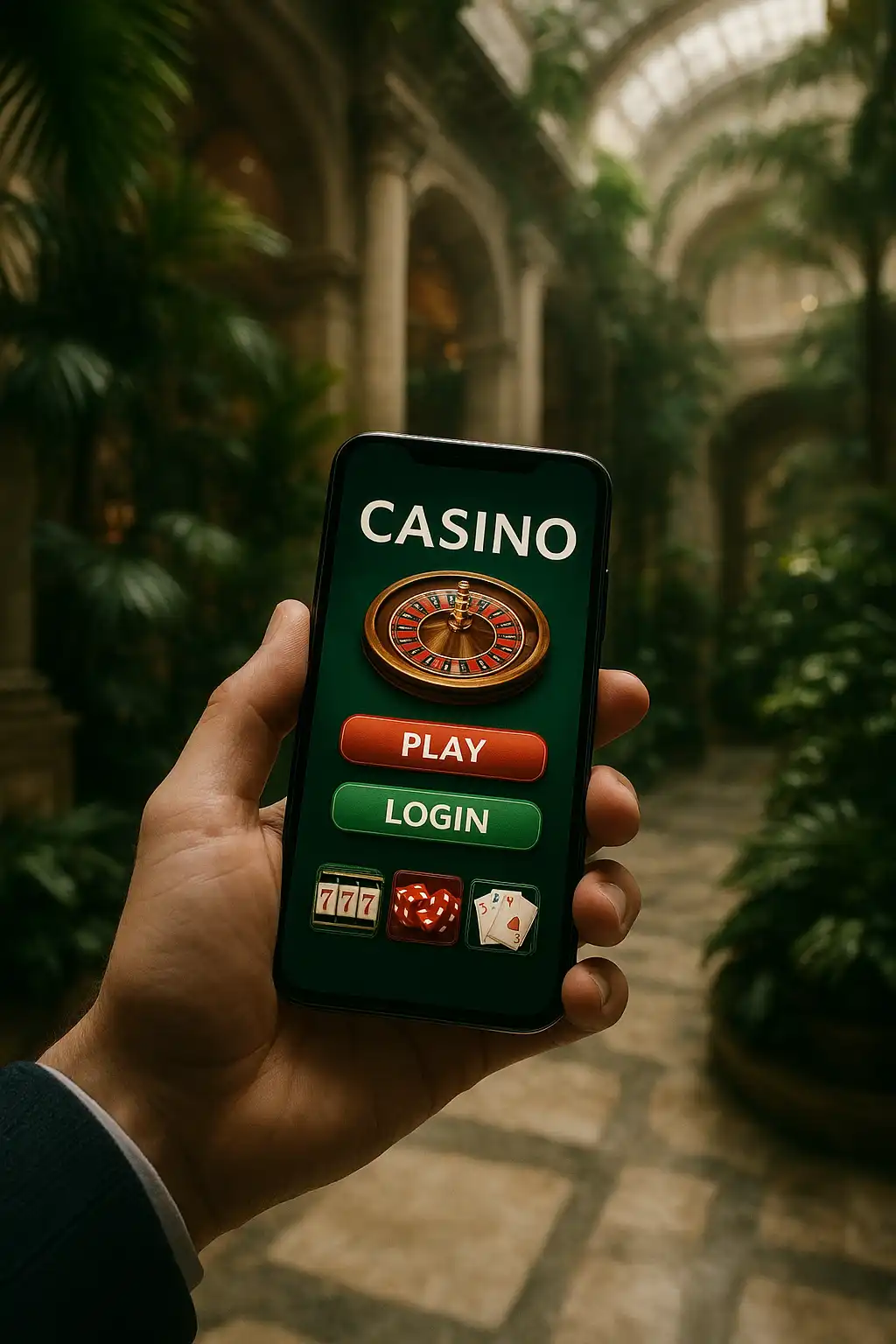 Player using the MorosWin mobile casino app beside tropical plants and marble columns