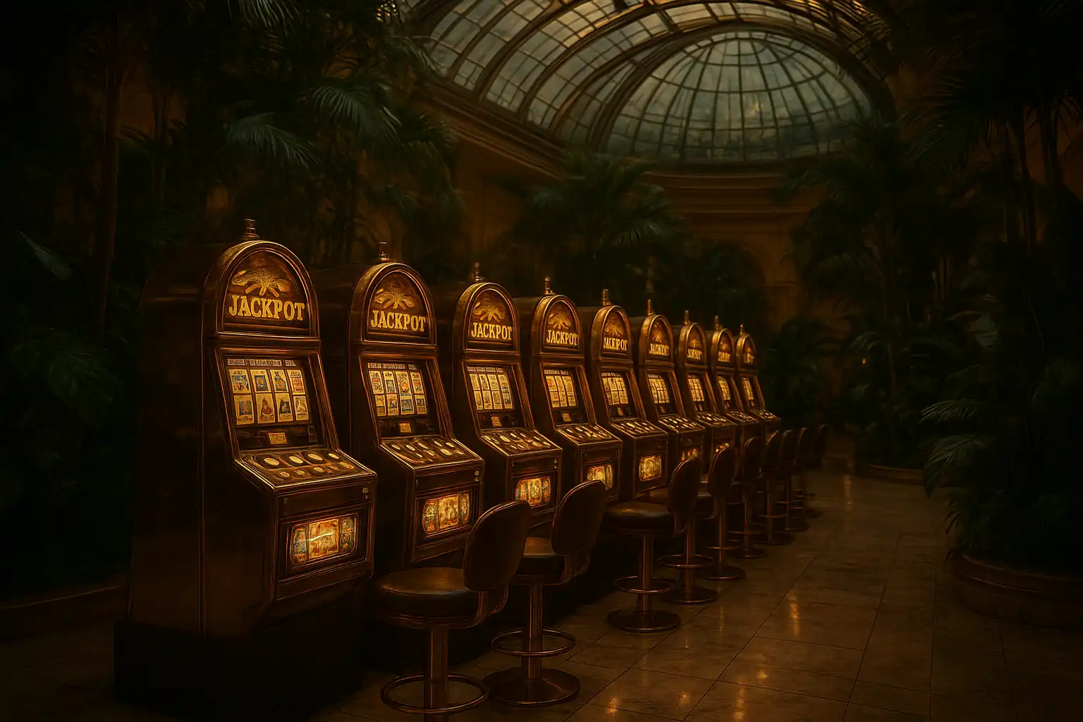 Rows of elegant slot machines beneath a glass roof and tropical plants in the MorosWin atrium